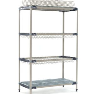 The MetroMax i PR48X3, a four-tier stationary drying rack, features two drop-ins, one tray rack, and one bulk shelf. Its freestanding design measures 24 x 48 x 74, with a solid metal base on the bottom tier and adjustable feet for balance. Perfect for versatile storage needs.