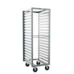 The Metro RF13N Roll-In Refrigerator Pan Rack, measuring 21.25 x 26 x 64.75, features multiple slots with 1.5 slide spacing for trays and is supported by four large black casters for mobility, standing out against a plain white background.