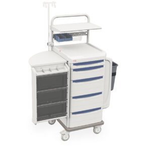 The Metro SXRSCCU Starsys Critical Care Cart is a mobile medical cart designed for hospital use, featuring drawers, compartments, an IV pole, shelves, a side bin, and a white frame with blue accents to enhance efficiency in critical care settings.