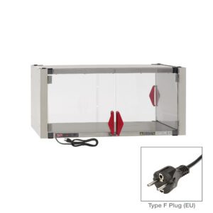 The Metro HSX1836-EKIT-EU Super Erecta Hot Enclosure Kit features a transparent glass front, red handles, a black power cord with a Type F (EU) plug, operates at 220-240V and 336-400W. It has a rectangular shape with a sturdy gray metal frame and includes a stainless steel heated shelf. Dimensions: 36.7x21.7x17.4.