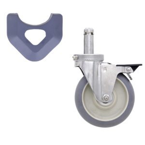 The Metro 5MDBGSXA caster, designed for MetroMax shelving, features a 5 high modulus donut tire and metal bracket with a gray rubber finish. It includes a gray rubber protective cover, all showcased on a white background.