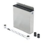 The Metro MS-KNIFE PrepMate Encased Knife Holder showcases a sleek rectangular stainless steel heat deflector, a metallic supporting bar, and two black cylindrical attachments, all elegantly set against a white background.