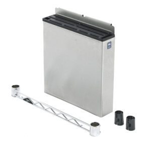 The Metro MS-KNIFE PrepMate Encased Knife Holder showcases a sleek rectangular stainless steel heat deflector, a metallic supporting bar, and two black cylindrical attachments, all elegantly set against a white background.