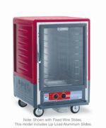 The Metro C535-HXFC-L C5 3 Series is a red, rolling, insulated holding cabinet with a full-length clear door and digital control panel. It features lip load aluminum slides for trays and operates on 220-240V, 50/60Hz, with power of 1681-2000W.