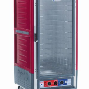The Metro C537-CFC-L C5 3 Series Cabinet is a red, 3/4-height insulated holding/proofing unit with a full-length clear door, lip load aluminum slides, and set on wheels. It features a bottom temperature control panel and interior shelves for trays.