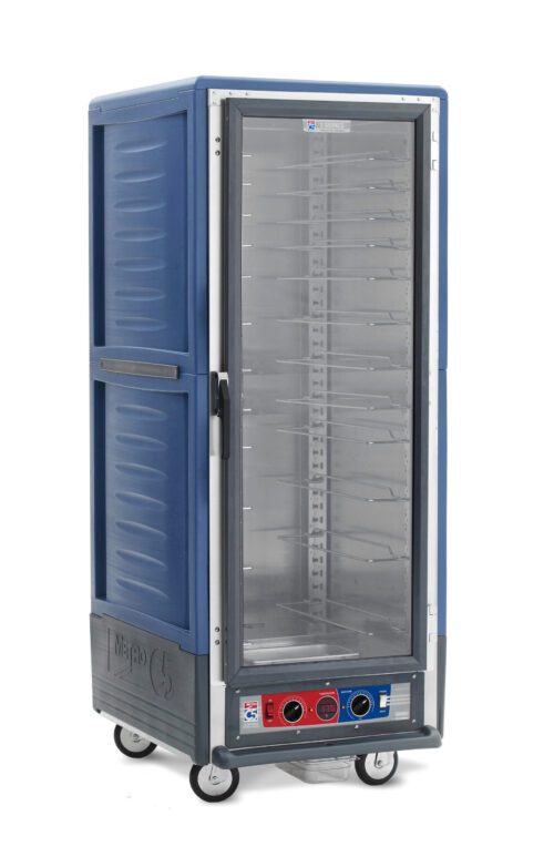 The Metro C539-CXFC-U-BUA C5 3 Series is a full-height, blue insulated holding/proofing cabinet with a clear front door and universal wire slides. It features a control panel with red and blue dials, operates on 220-240V at 50/60Hz, and includes four wheels for easy mobility.