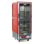The Metro C539-HLDC-S C5 3 Series is a tall, red insulated holding cabinet featuring full-height Dutch clear doors, 4 adjustable wire shelves, wheels for mobility, and operates at 120V/60Hz with controls on the bottom front panel.