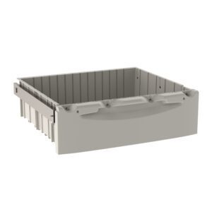 The Metro FL106 Flexline 6 Drawer is a gray plastic storage solution with ribbed sides, an open top, and a handle. It organizes efficiently and integrates seamlessly into larger storage systems or cabinets.