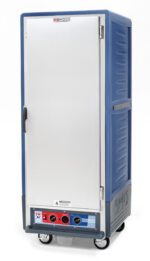 The Metro C539-MFS-U-BU C5 3 Series is a full-height heated holding cabinet with wheels, a blue body, and a 60Hz stainless steel door. It includes universal wire slides and red/blue controls for temperature and operation.