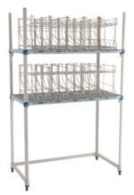 The MetroMax Q MQCR244874-RU Industrial Plastic Shelving Roll Under Can Rack Unit, measuring 24 x 36, is ideal for industrial use with two tiers and multiple compartments for drying laboratory glassware, featuring a sturdy frame and adjustable feet for stability and versatility.