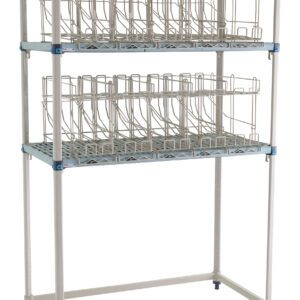 The MetroMax Q MQCR244874-RU Industrial Plastic Shelving Roll Under Can Rack Unit, measuring 24 x 36, is ideal for industrial use with two tiers and multiple compartments for drying laboratory glassware, featuring a sturdy frame and adjustable feet for stability and versatility.
