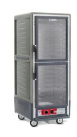 The gray Metro C539-HDC-4-GYA C5 3 Series Holding Cabinet features Dutch clear doors, metal wire slides, a control panel at the base, and four wheels for mobility. Its full-height and operates with 120V, 60Hz, and 2000W.