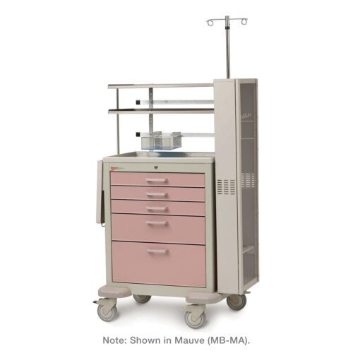 z2sh3v9e1b293l7m1nmtqwtoroa1pnyy.jpg The Metro MBX3110ENDO Basix Endoscopic Cart features mauve compartments, drawers, and shelves, comes with four wheels and an IV pole, is labeled MB-MA in mauve, and offers organized storage for medical settings.