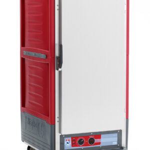The Metro C537-HFS-U C5 3 Series Insulated Holding Cabinet, 3/4 height, features Universal Wire Slides and a full-length solid metal door. It’s a red transport cart on wheels with a bottom control panel, designed for efficient food storage at 120V, 60Hz, and 2000W power.