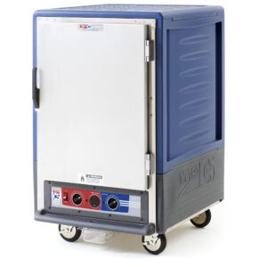 The Metro C535-MXFS-L-BUA C5 3 Series Cabinet is a blue, half-height moisture-heated unit with lip load aluminum slides, a solid silver front door, and efficient control panel. It operates on 220-240V, 50/60Hz and features four wheels for easy mobility.