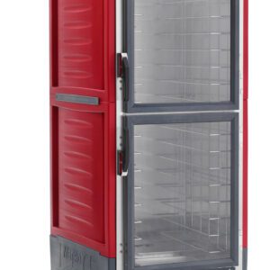 The Metro C539-CDC-4A C5 3 Series is a full-height, red insulated holding/proofing cabinet featuring Dutch clear doors, fixed wire slides, and control knobs at the bottom. Its mounted on wheels for easy mobility and operates at 120V.