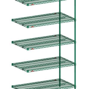 Illustration of the Metro 5AN457K3 Super Erecta, a tall green metal add-on unit with five evenly spaced wire shelves. This freestanding shelving measures 21 x 48 x 74 in Metroseal Green Epoxy. Note: actual dimensions may vary from the product shown.