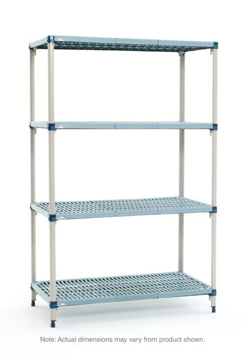 The MetroMax Q Q426G3 4-Shelf Plastic Industrial Shelving Starter Unit features a sleek design with four adjustable grid-pattern shelves and durable light grey metal supports. Dimensions are 21 x 30 x 63.