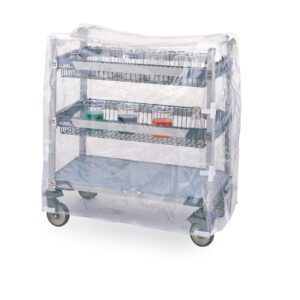 A utility cart with three shelves uses the Metro GWCVC41 glassware cart cover for short units. It has four wheels for easy movement, and its middle shelf holds items neatly arranged in cups.