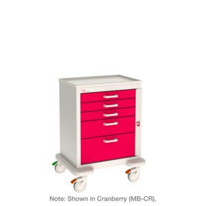The Metro MBX3110TB Basix Medical Cart features a white frame with bright cranberry drawers, five spacious compartments, and smooth-rolling wheels for effortless mobility. The note under the image says, Shown in Cranberry (MB-CR).
