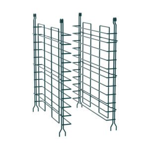 Two dark green wire shelving units, each with Metro 20SNK3 Super Erecta Tray Slides for 24 wide shelves (Metroseal Green Epoxy), face each other in a grid. The units have multiple bars and curved hooks with bent legs for stability.