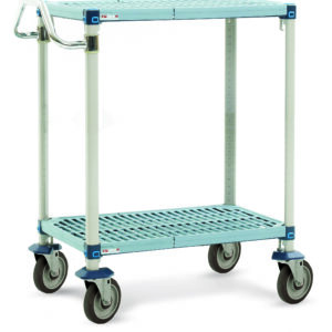 The MetroMax Q MQUC2436G-25 utility cart, measuring 24 x 36 x 39.25, features two shelves in light blue, four large wheels, and a handlebar for easy steering.