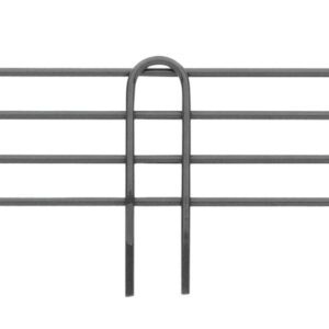 A metal wire rack featuring smoked glass accents, with two horizontal bars and three curved vertical supports for item organization. Its designed to integrate with the Metro L30N-4-DSG Super Erecta 4 High Stackable Ledge for Wire Shelving, Smoked Glass, 30.