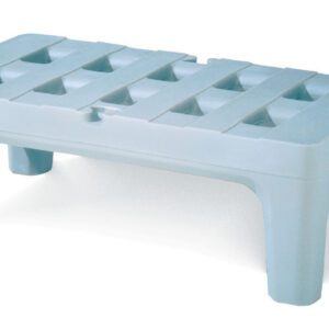The Metro HP2236PDMB Bow-Tie Dunnage Rack with Microban, 22 x 36, is a light blue plastic pallet with a grid pattern, four sturdy legs, and a small side logo, offering style and durability.