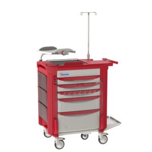 The Metro LECCRP5-RD Lifeline Crash Cart in red is a medical essential, featuring multiple drawers, side compartments, wheels, an IV pole on top, and ample storage.