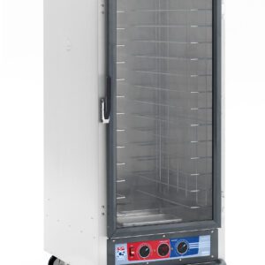 The Metro C517-PXFC-4 C5 1 Series Proofing Cabinet is a 3/4 height unit with a transparent front door and multiple metal racks inside. It operates at 220-240V, 50/60Hz, features control knobs and indicators at the bottom, stands on wheels for mobility, and has a silver exterior with a black and red control panel.