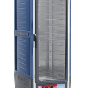 The Metro C539-HFC-U-BUA C5 3 Series Insulated Holding Cabinet is a tall, full-height mobile unit in blue, featuring a clear door and universal wire slides on multiple shelves. It has wheels for mobility and bottom front control knobs, operating efficiently at 120V.