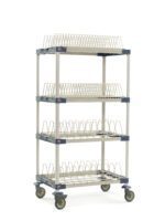 The MetroMax 4 MAX4-PR36VX4 drying rack features a 26 x 38 x 68 tall metal cart with two tray racks, two pan racks, and four tiers for dishes. It has wheels for easy mobility and a gray structure with dark accents.
