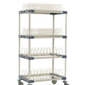 The MetroMax 4 MAX4-PR36VX4 drying rack features a 26 x 38 x 68 tall metal cart with two tray racks, two pan racks, and four tiers for dishes. It has wheels for easy mobility and a gray structure with dark accents.