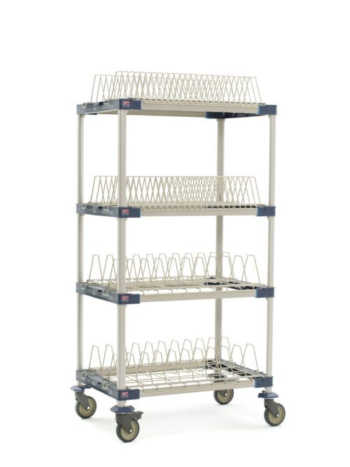 The MetroMax 4 MAX4-PR36VX4 drying rack features a 26 x 38 x 68 tall metal cart with two tray racks, two pan racks, and four tiers for dishes. It has wheels for easy mobility and a gray structure with dark accents.