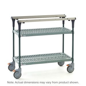 Meet the Metro MS1848-PRPR PrepMate MultiStation 48 Prep Station: a green utility cart featuring two-tier slatted design for airflow, four caster wheels, metal handles, and Super Erecta Pro top and bottom shelves reinforced with durable Metroseal Green Epoxy posts.