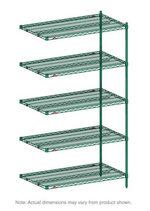 An illustration of the Metro 5AN417K3 Super Erecta Add-On Unit shows a Metroseal Green Epoxy shelving unit with five evenly spaced wire shelves supported by vertical rods, measuring 21 x 24 x 74. Actual dimensions may vary from the image.