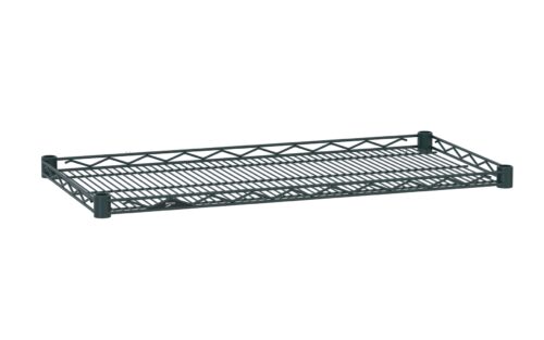 The Metro HDM2148-DSG Super Erecta Drop Mat Wire Display Shelf, measuring 21 x 48, features a smoked glass finish with short cylindrical corner posts for easy integration into shelving units.