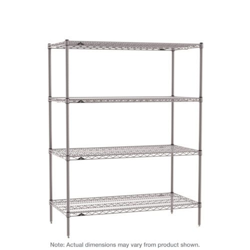 The Metro SE-214863K4-S-4 Super Erecta 4-Shelf Industrial Wire Shelving Starter Unit in Metroseal Gray Epoxy measures 21 x 48 x 63 and features an open-frame design with four adjustable tiers supported by vertical rods.