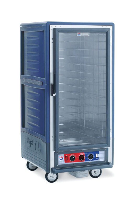 The Metro C537-CLFC-4-BU C5 3 Series Holding/Proofing Cabinet, with a full-length clear door, blue panels, and red control dials, features fixed wire slides and multiple shelves. Its mounted on four wheels for easy mobility, operating at 120V and 1440W to efficiently hold and transport hot food.