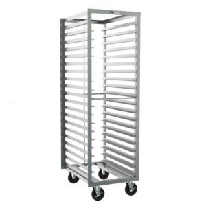 The Metro RD3NA120 End-Load Pan Rack has a sturdy metal build with 3 slide spacing, measuring 21.5 x 29 x 69.75. It features multiple horizontal slats and an open front and back design, with four wheels for easy mobility.