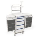 The Metro SXRSBIO Starsys Biomedical Cart features a sleek white and blue design, retractable side panels, clear front compartments, multiple drawers, shelf railings, and an IV pole to enhance mobility and efficiency in medical settings.