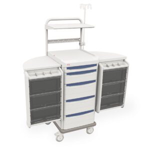 The Metro SXRSBIO Starsys Biomedical Cart features a sleek white and blue design, retractable side panels, clear front compartments, multiple drawers, shelf railings, and an IV pole to enhance mobility and efficiency in medical settings.