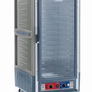 The image features the Metro C537-CFC-4-GY, a 3/4 height grey metallic cabinet with a full-length clear door and fixed wire slides, suitable for commercial kitchens. It has control knobs for settings and runs on 120V, 60Hz, 2000W power.