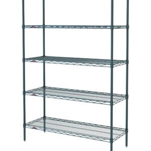 The Metro 5N557K3 Super Erecta 5-Shelf Industrial Wire Shelving Starter Unit features a 24 x 48 x 74 design with a five-tier grid and vertical metal posts. Its Metroseal Green Epoxy finish enhances durability, though dimensions may slightly vary from actual product shown.