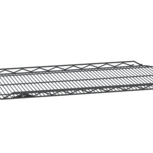 Resembling a 24 x 36 Metro HDM2436Q-DSG qwikSLOT Display Shelf, this sleek black metal dish rack features a rectangular design with parallel bars and a raised edge, making it perfect for smoked glass decor.