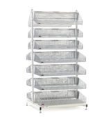 A tall, freestanding Metro QB236-S14 qwikSIGHT Stationary Double-Sided 14-Basket Shelving Unit with spacious mesh baskets stands against a plain white background. This 36 L metal design is functional for storage or display purposes.