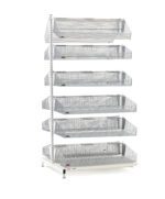 The Metro QB236-S12A qwikSIGHT Stationary Double-Sided 12-Basket Shelving Add-On Unit, 36 L, features a sleek white frame with six wire mesh baskets vertically stacked on each side. Ideal for storage or display, it stands elegantly against a plain white background.