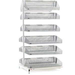 The Metro QB236-S12A qwikSIGHT Stationary Double-Sided 12-Basket Shelving Add-On Unit, 36 L, features a sleek white frame with six wire mesh baskets vertically stacked on each side. Ideal for storage or display, it stands elegantly against a plain white background.