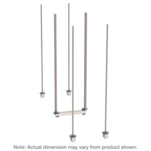 A diagram of the Metro LBTM21K4 qwikTRAK Double Deep Mobile Unit Kit in Metroseal Gray Epoxy shows a floating head shelf rod rail system with multiple cylindrical rods and circular mounts, noting that actual dimensions may vary from those shown.