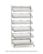 The Metro QB118-S6 qwikSIGHT Stationary Single-Sided 6-Basket Shelving Unit features tall, metal construction with 18 L slanted wire basket shelves and adjustable feet. Theres a note stating that actual dimensions might differ from whats shown.